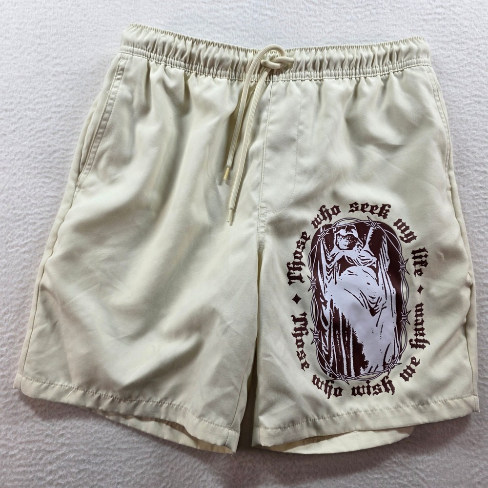 Empyre Mens Graphic Swim Trunks Cream Off White Barbed Wire Figure Small